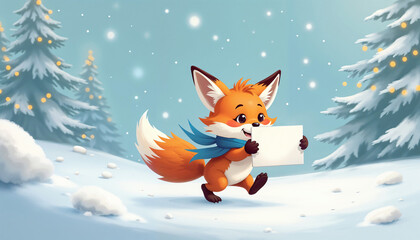 Playful Fox With Blue Scarf Carrying Blank Sign Through Snowy Forest With Copy Space