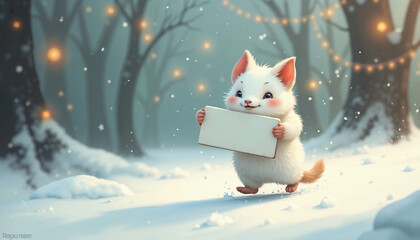 Charming White Fox Character Cheerfully Presenting Blank Sign In Enchanted Winter Forest With String Lights