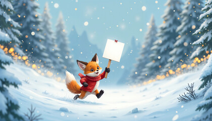 Joyful Fox In Red Sweater Leaping With Blank Sign Through Snowy Forest With Copy Space