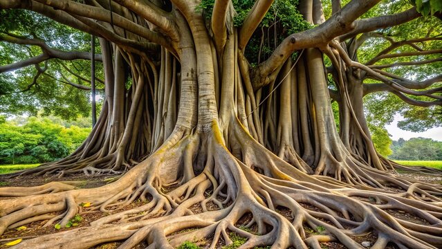 Panoramic view of external roots of Ficus pertusa tree in nature