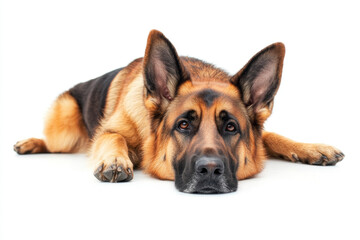 Obraz premium German shepherd dog relaxing on a white backdrop.