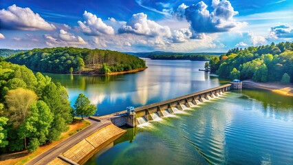 Obraz premium Panoramic view of Catawba River and Lake Wylie with dam on sunny afternoon
