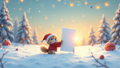 Adorable Squirrel in Christmas Outfit Holding Blank Sign Against Snowy Winter Forest with Copy Space