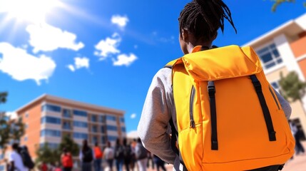 A student with long hair and an eye-catching orange backpack stands under the bright sky outside a modern university, symbolizing education, freedom, and aspiration.