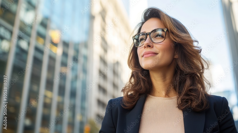 Wall mural a confident woman wearing glasses stands outside in an urban setting, with office buildings in the b