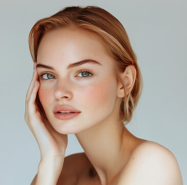 elegant blonde model with short hair bob full lips close up against plain white background natural makeup full eyebrows lip filler blush skincare spa aesthetic close up shot