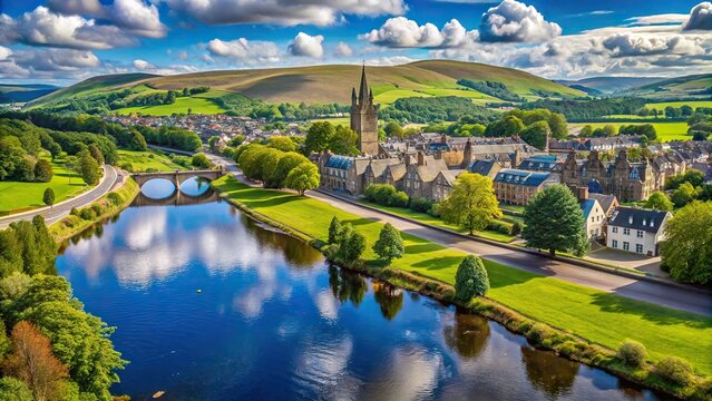 Panoramic view of Peebles with river Tweed in Scotland, UK