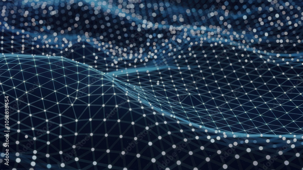 Poster abstract digital landscape with interconnected nodes and lines on dark background.