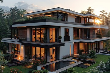 Modern architectural design featuring a multi-level house surrounded by greenery at sunset.
