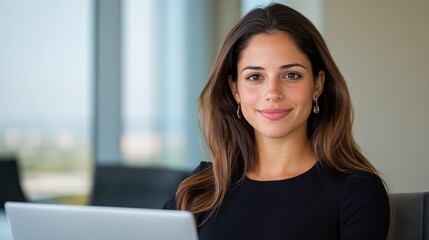 A professional woman sits confidently in a modern office environment, engaging with her laptop, demonstrating focus and determination in her career setting.