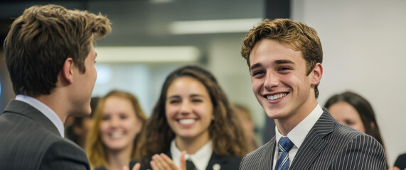 Fototapeta premium In an office setting, colleagues shake hands after successful brainstorming session. Their smiles reflect positive outcome of their collaboration, fostering productive workplace environment.