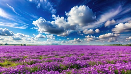 Fototapeta premium Panoramic view of purple flowers in green and purple field under blue sky with few clouds