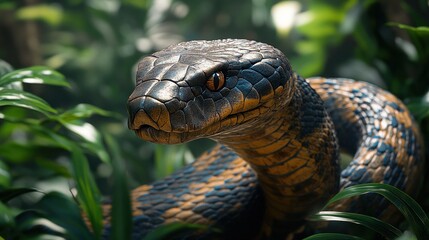 Fototapeta premium A close-up of a snake in a lush, green environment.