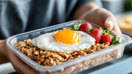 A portable, nutritious breakfast container holds a fried egg, oats, and berries, emphasizing convenience, health, and a modern on-the-go lifestyle for busy mornings.