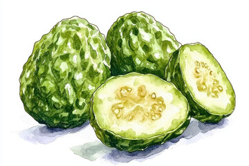 A vibrant illustration of green cherimoya fruit, showcasing whole and sliced pieces, highlighting its textured skin and creamy interior.