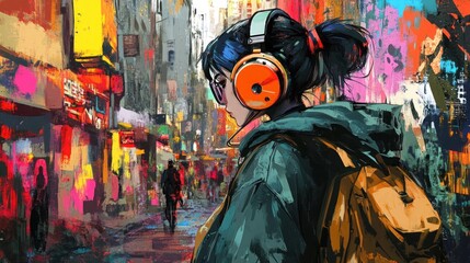 A young woman with headphones walks down a busy city street, the vibrant colors of the city reflecting in her eyes.
