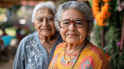 An elderly woman with glasses smiles warmly, dressed in a colorful traditional outfit at an outdoor market. The backdrop features festive decorations and an engaging community.