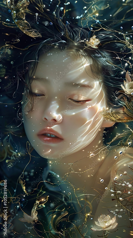 Poster Dreamy Underwater Portrait of a Woman with Gold Accents