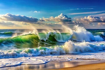 Fototapeta premium Panoramic view of waves crashing against the shore with beautiful sunset colors in the sky