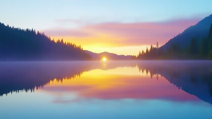 Fototapeta premium Witness a stunning sunrise illuminating a misty mountain range. The tranquil river reflects the serene beauty of nature.