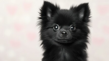 Obraz premium Adorable fluffy black Pomeranian puppy sitting quietly, its vibrant fur contrasting with a soft, blurred backdrop.