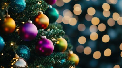 Obraz premium A vibrant Christmas tree adorned with vivid ornaments, creating a festive atmosphere with a soft, blurred backdrop.