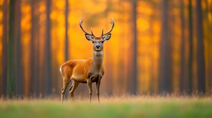Fototapeta premium A solitary deer gracefully stands in a sunlit forest clearing, with blurred trees creating a tranquil backdrop.