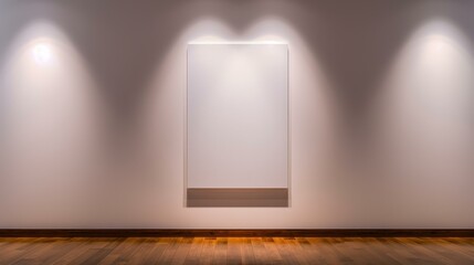A minimalistic blank poster framed and lit in an art gallery, showcasing the essence of creativity on a wooden floor.