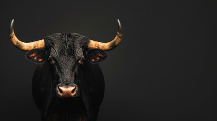Naklejka premium A striking digital art piece featuring a majestic black bull against a dark backdrop, showcasing its powerful form.