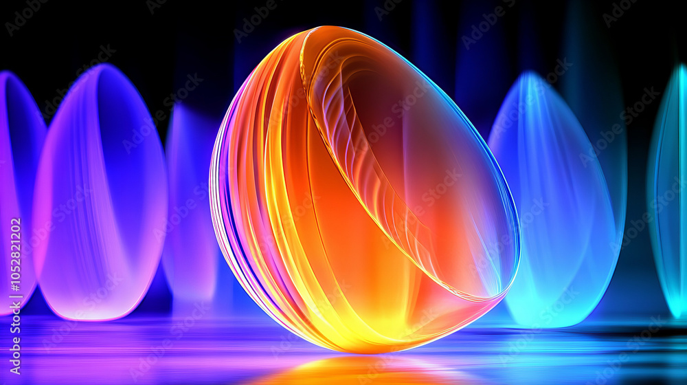 Wall mural vibrant abstract representation of an illuminated sphere with colorful waves in a dark background at