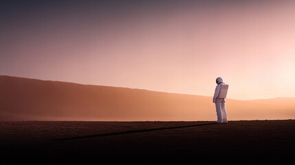 Fototapeta premium Astronaut standing alone on an alien landscape during sunset highlighting the vastness of space adventures and exploration