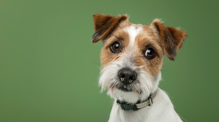 Adorable puppy closeup on a vibrant green background, perfect for banners with plenty of room for your text