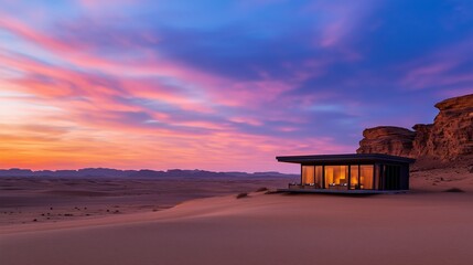Fototapeta premium A modern desert retreat showcases stunning sunset views in a tranquil landscape