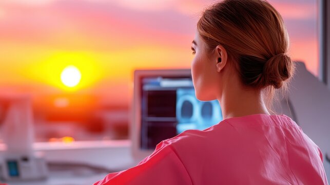 A woman in a pink uniform examines computer screens showing lung images while the bright orange sun sets, signifying care, reflection, and professionalism.