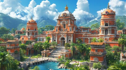 A Grand Orange Palace with Domes amidst Lush Greenery and Snow-capped Mountains