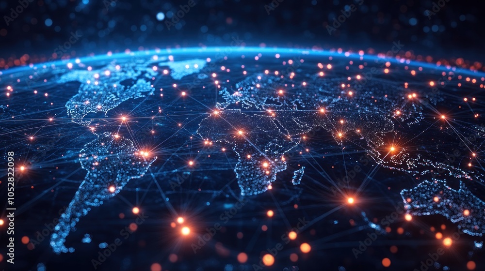 Poster digital representation of earth with interconnected nodes.