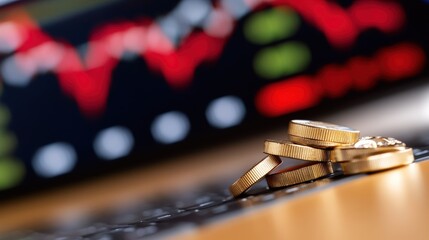 Golden coins lie on a keyboard, with a stock market chart showing fluctuations in the background, highlighting financial analysis and investment challenges.