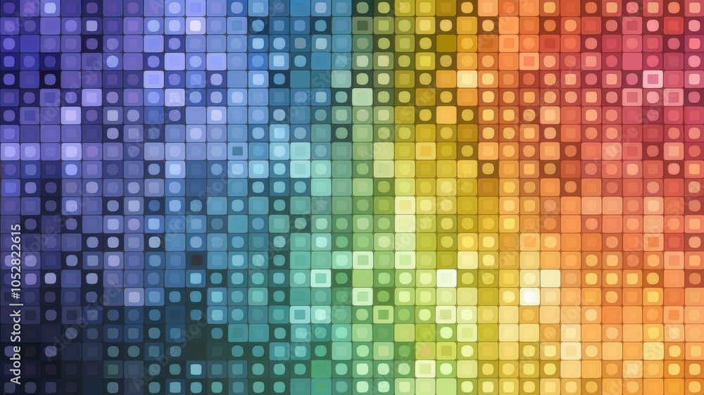 Poster colorful pixelated mosaic pattern on a gradient background.