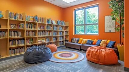 A cozy reading nook with colorful beanbag chairs, a circular rug, and a bookshelf filled with books.