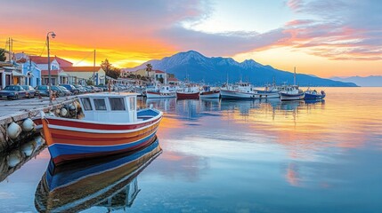 Fototapeta premium Colorful Fishing Boats Moored in a Harbor at Sunset with Mountainous Backdrop