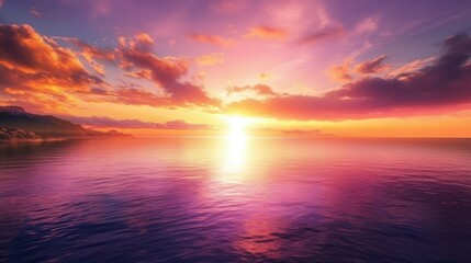 Fototapeta premium A vibrant sunset over the ocean with clouds reflecting in the water.