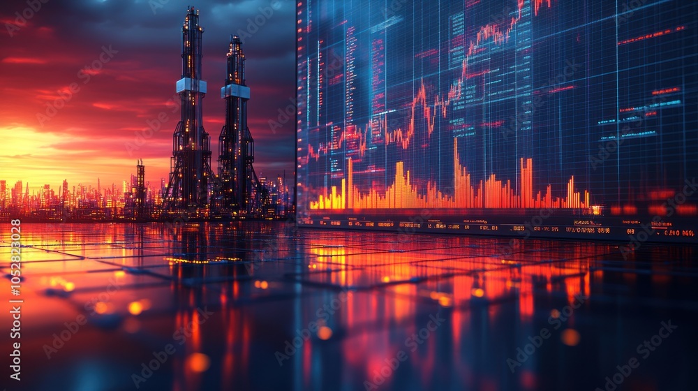 Poster futuristic cityscape with data visualization and industrial structures.