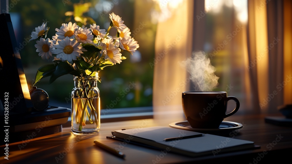 Poster a cup of coffee and a notebook with a pen sit on a table in front of a window with a bouquet of dais