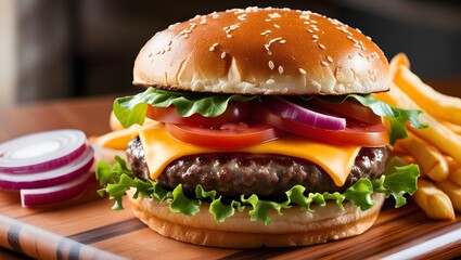Juicy Cheeseburger Topped with Cheddar, Tomatoes, Onions, Lettuce, and a Side of Golden French Fries on a Wooden Board.