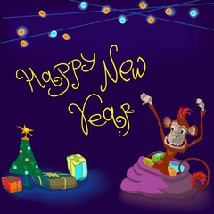 card New Year  hand drawing with funny  ape