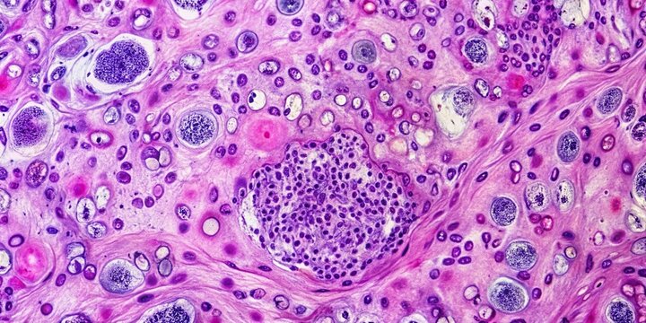 Pathology of disseminated Histoplasma infection in bone marrow core biopsy viewed from above