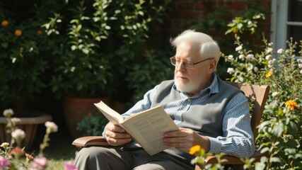 Elderly man reading a book outdoors in a beautiful garden setting