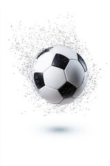 A soccer ball in mid-air surrounded by a cloud of dust and particles, showcasing motion