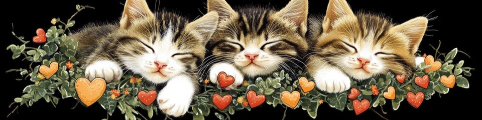 Three Adorable Kittens Resting Among Colorful Hearts and Greenery: Perfect Image for Cat Lovers, Cute Feline Art, Cozy Home Decor, and Whimsical Animal Design