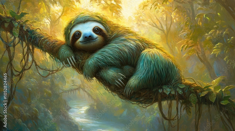 Poster a sloth hangs on a branch in a tropical forest with lush greenery and a small stream in the foregrou
